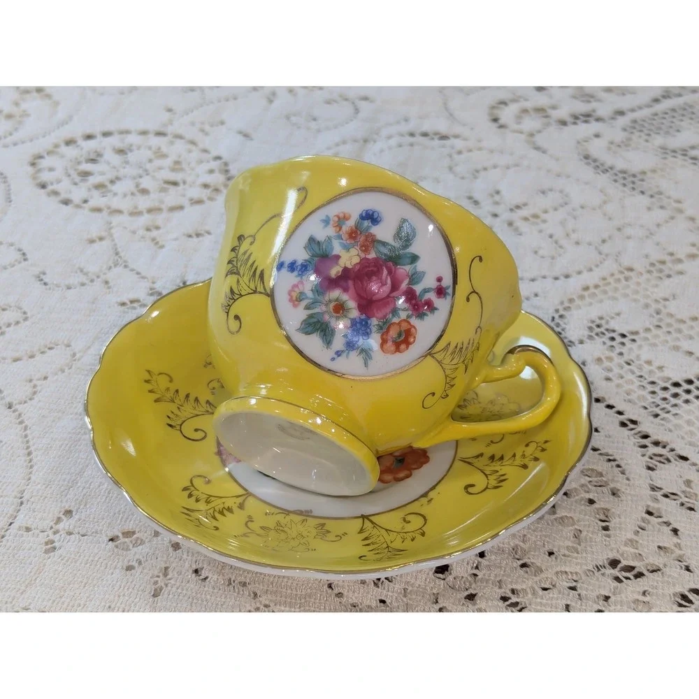 Vintage Tea Cup and Saucer Set OS Yellow Floral Gold Gilt Japan Porcelain